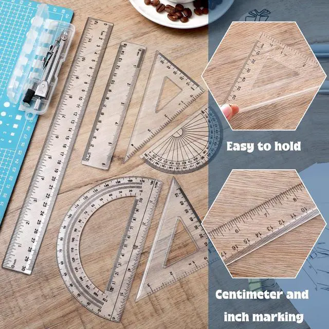Alt view image 5 of 6 - 7Piece Geometry Set with Drawing Compass, 6 & 4 Inch Protractors, Triangle Rulers and Straight Rulers, Transparent Math Drafting Supplies for Back to School, Students and Office Use(Clear)