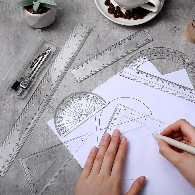 Alt view image 6 of 6 - 7Piece Geometry Set with Drawing Compass, 6 & 4 Inch Protractors, Triangle Rulers and Straight Rulers, Transparent Math Drafting Supplies for Back to School, Students and Office Use(Clear)