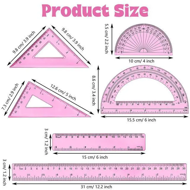 Alt view image 2 of 6 - 1 Set Plastic Clear Math Set Includes Protractor Triangle Rulers 12 Inch 6 Inch Straight Geometry Math Transparent Ruler Measuring Tool for School Office Home Supplies(Pink)