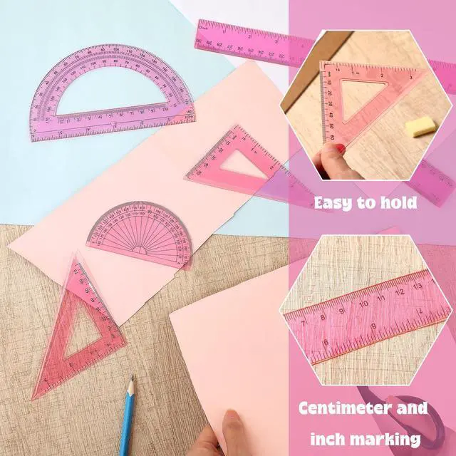 Alt view image 5 of 6 - 1 Set Plastic Clear Math Set Includes Protractor Triangle Rulers 12 Inch 6 Inch Straight Geometry Math Transparent Ruler Measuring Tool for School Office Home Supplies(Pink)