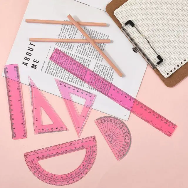 Alt view image 6 of 6 - 1 Set Plastic Clear Math Set Includes Protractor Triangle Rulers 12 Inch 6 Inch Straight Geometry Math Transparent Ruler Measuring Tool for School Office Home Supplies(Pink)