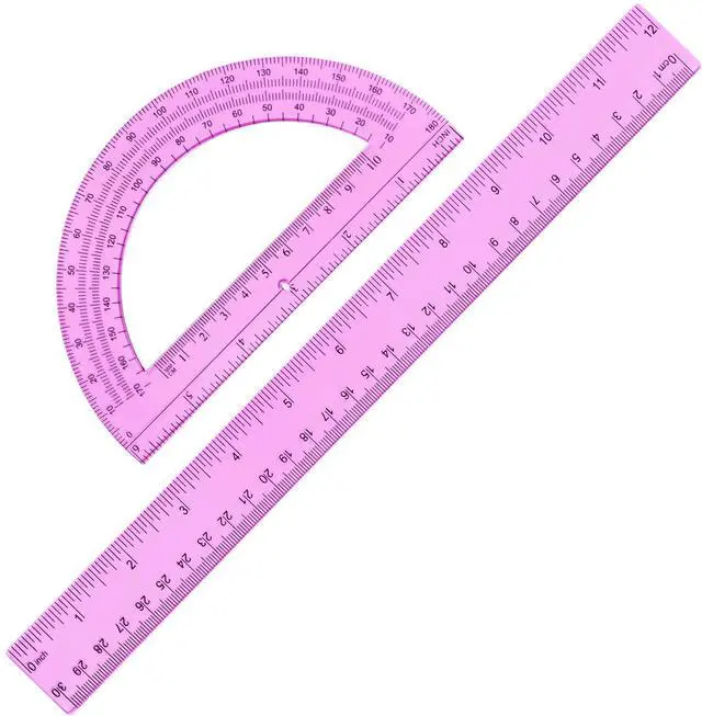 Main image of 2 Pcs 12 Inch Clear Ruler and 6 Inch Plastic Protractor Set, Dual Scale Inch/Cm Math Geometry Measuring Tools for Back to School Students Teachers Classroom Office Drafting Use(Pink)