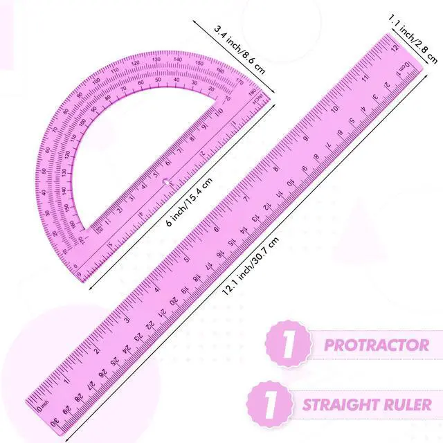 Alt view image 2 of 7 - 2 Pcs 12 Inch Clear Ruler and 6 Inch Plastic Protractor Set, Dual Scale Inch/Cm Math Geometry Measuring Tools for Back to School Students Teachers Classroom Office Drafting Use(Pink)