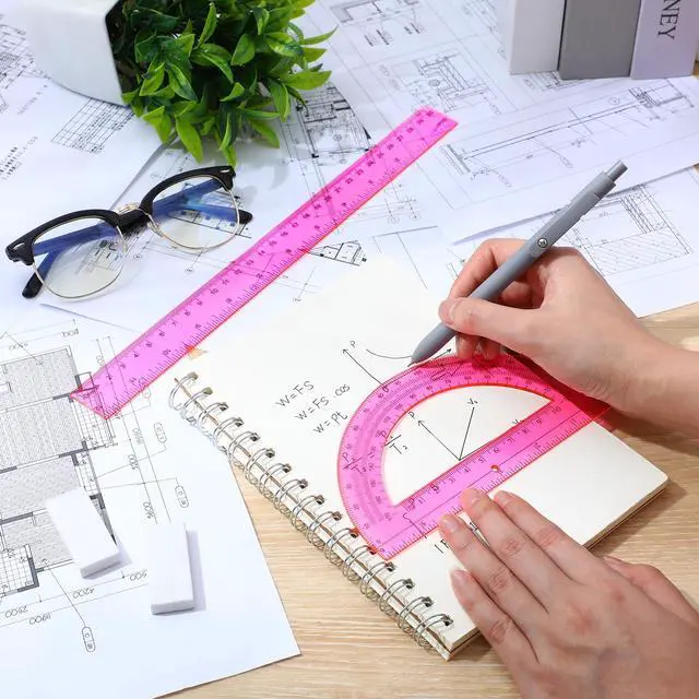 Alt view image 4 of 7 - 2 Pcs 12 Inch Clear Ruler and 6 Inch Plastic Protractor Set, Dual Scale Inch/Cm Math Geometry Measuring Tools for Back to School Students Teachers Classroom Office Drafting Use(Pink)