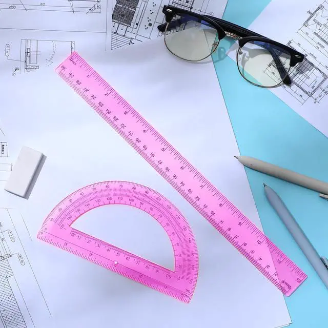 Alt view image 6 of 7 - 2 Pcs 12 Inch Clear Ruler and 6 Inch Plastic Protractor Set, Dual Scale Inch/Cm Math Geometry Measuring Tools for Back to School Students Teachers Classroom Office Drafting Use(Pink)