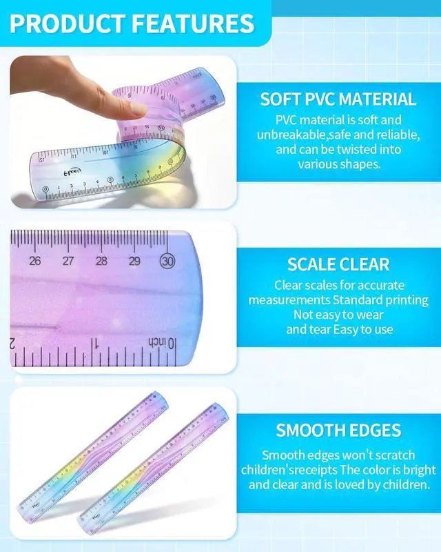 Alt view image 3 of 7 - 2 Pcs 12 Inch Flexible Ruler, Bendable Plastic Ruler, Gradient-Colored Flexible Rulers with Centimeters and Inches for Students, School, Classroom and Office Use