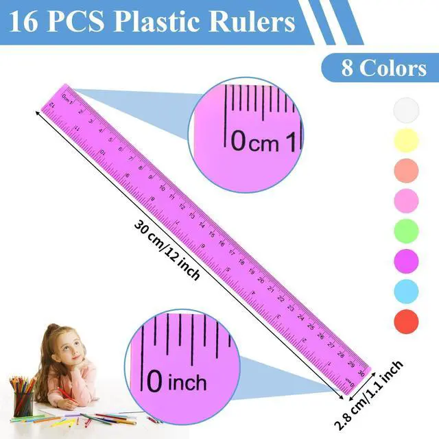 Alt view image 2 of 7 - 16 Pack Clear Plastic Rulers 12 inch, Ruler Bulk for Classroom and Office | 8 Assorted Transparent Colors, Dual Inch and Centimeter Scales for School, Home, Math, Drawing, and Craft Projects