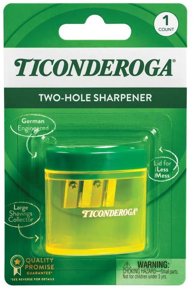 Main image of Two-Hole Manual Pencil Sharpener for Standard and Beginner Pencils, Yellow/Green, 2" x 2" x 1.25", German-Engineered, 1 Count