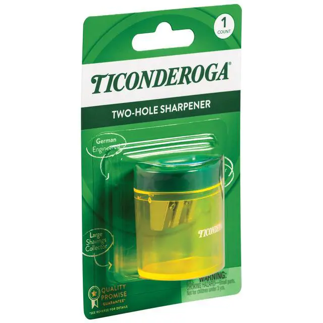 Alt view image 6 of 7 - Two-Hole Manual Pencil Sharpener for Standard and Beginner Pencils, Yellow/Green, 2" x 2" x 1.25", German-Engineered, 1 Count