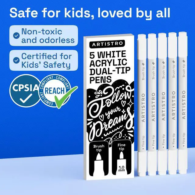Alt view image 6 of 7 - 5 White Dual-Tip Acrylic Paint Marker Pens for Drawing