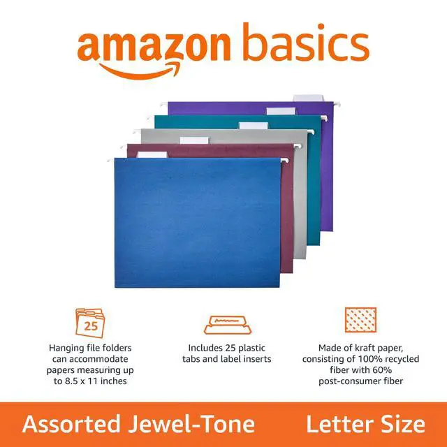 Alt view image 2 of 5 - Hanging File Folders with Adjustable Tabs for Document Organization, Letter Size, Assorted Jewel-Tone Colors, 25-Pack