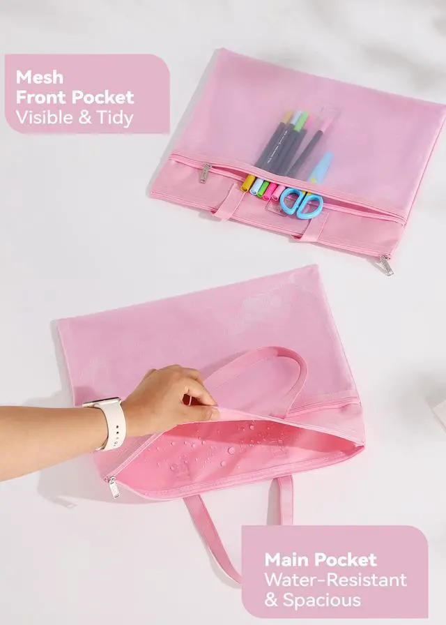 Alt view image 2 of 6 - Large Zipper Pouch with Handle, 13.8" x 11", 2 Pockets, Organizer Bag for Documents, Arts, Coloring Books, Cross Stitch, Embroidery Supplies, 1 Pack - Pink