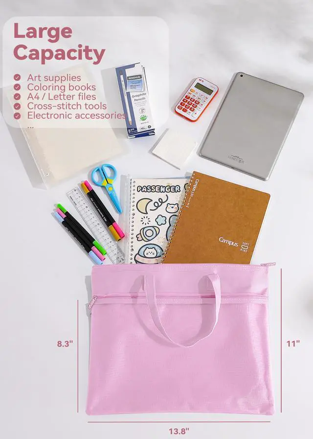Alt view image 5 of 6 - Large Zipper Pouch with Handle, 13.8" x 11", 2 Pockets, Organizer Bag for Documents, Arts, Coloring Books, Cross Stitch, Embroidery Supplies, 1 Pack - Pink