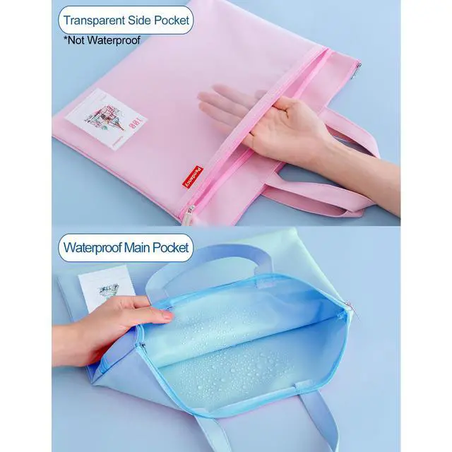 Alt view image 4 of 7 - Mesh Zipper Pouch 11x13.7 in, Large Double Pocket Waterproof File Bag with Handle, A4 Size Foldable Document Storage for Puzzle Project/Cross Stitch/Travel/OfficeBlue