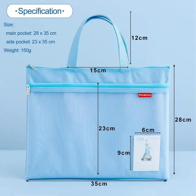 Alt view image 3 of 7 - Mesh Zipper Pouch 11x13.7 in, Large Double Pocket Waterproof File Bag with Handle, A4 Size Foldable Document Storage for Puzzle Project/Cross Stitch/Travel/OfficeBlue