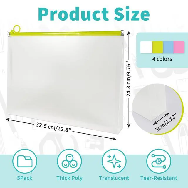Alt view image 2 of 7 - 5 Pack Clear Plastic Zip Envelopes, 9 x 12 Inch, Multicolor
