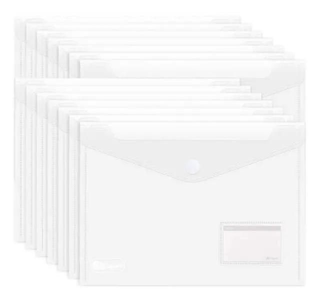 Main image of 25 Pack Transparent Plastic Envelope Folders, A4 Letter Size, 100% Clear, Hook & Loop Closure, Label Pocket, Easy Storage