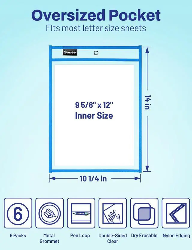 Alt view image 2 of 7 - 6 Packs Oversized Reusable Dry Erase Pocket Sleeves with Binder Ring, 6 Assorted Colors 10x14 Ticket Holders, Clear Plastic Sheet Protectors, Teacher School Classroom Supplies