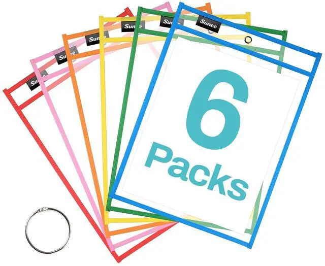Main image of 6 Packs Oversized Reusable Dry Erase Pocket Sleeves with Binder Ring, 6 Assorted Colors 10x14 Ticket Holders, Clear Plastic Sheet Protectors, Teacher School Classroom Supplies
