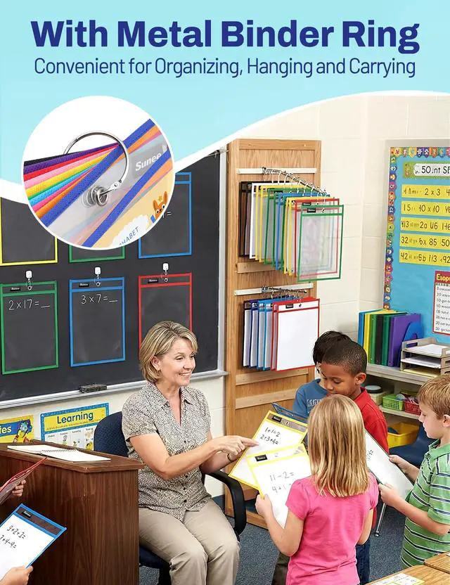 Alt view image 6 of 7 - 6 Packs Oversized Reusable Dry Erase Pocket Sleeves with Binder Ring, 6 Assorted Colors 10x14 Ticket Holders, Clear Plastic Sheet Protectors, Teacher School Classroom Supplies