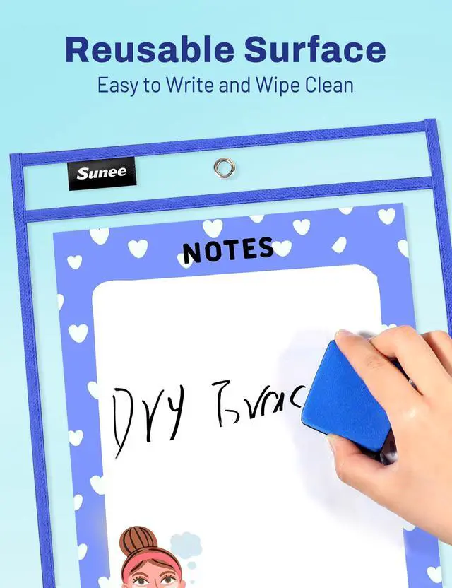 Alt view image 3 of 7 - 6 Packs Oversized Reusable Dry Erase Pocket Sleeves with Binder Ring, 6 Assorted Colors 10x14 Ticket Holders, Clear Plastic Sheet Protectors, Teacher School Classroom Supplies