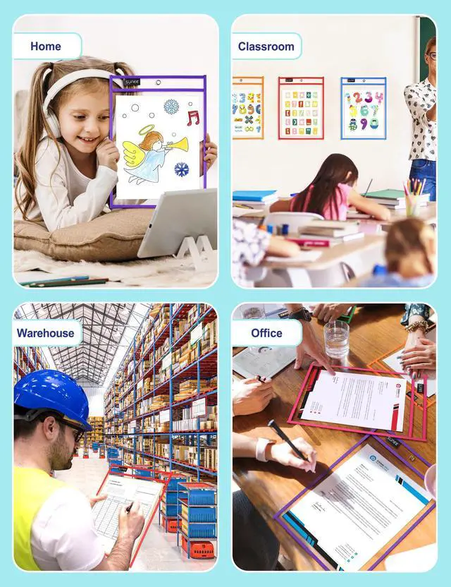 Alt view image 7 of 7 - 6 Packs Oversized Reusable Dry Erase Pocket Sleeves with Binder Ring, 6 Assorted Colors 10x14 Ticket Holders, Clear Plastic Sheet Protectors, Teacher School Classroom Supplies