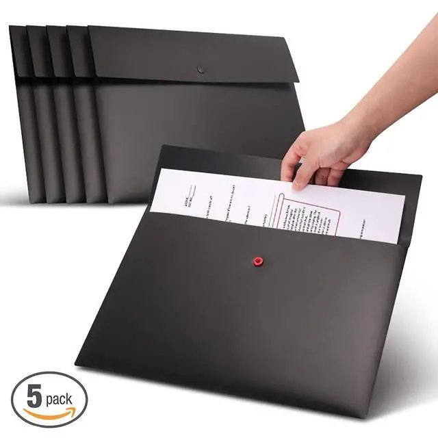 Alt view image 6 of 7 - 5 Pieces A4 Envelopes Folders for Paperwork Plastic Wallets Document Organizer with Snap Button Closure A4 Letter Size (Black)