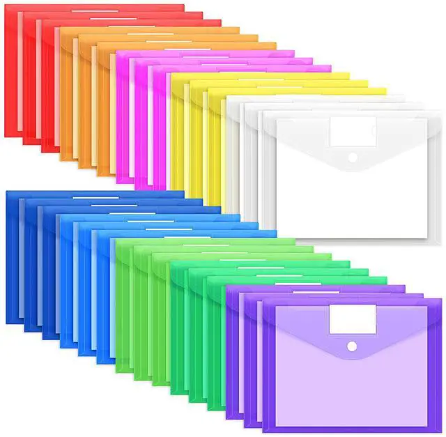 Main image of 30 Pack 10 Color Plastic Envelopes Poly Envelopes, Hook & Loop Closure File Folders Clear Document Folders File Envelopes with Label Pocket A4 Size