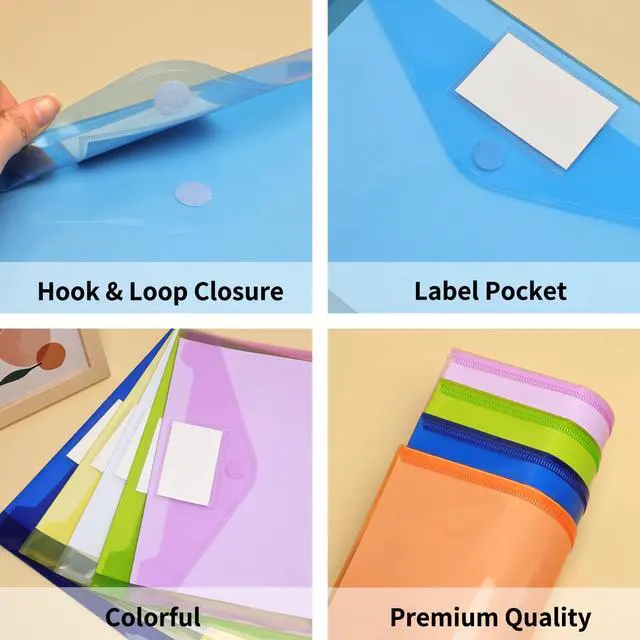 Alt view image 3 of 7 - 30 Pack 10 Color Plastic Envelopes Poly Envelopes, Hook & Loop Closure File Folders Clear Document Folders File Envelopes with Label Pocket A4 Size