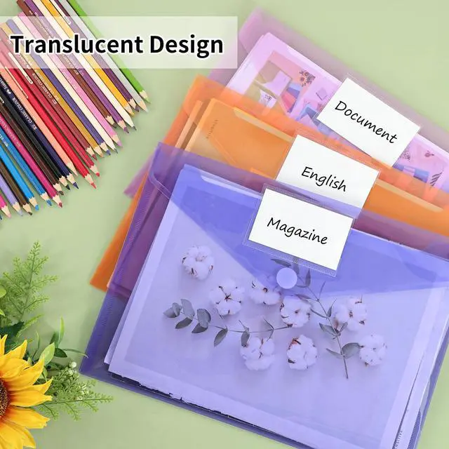 Alt view image 6 of 7 - 30 Pack 10 Color Plastic Envelopes Poly Envelopes, Hook & Loop Closure File Folders Clear Document Folders File Envelopes with Label Pocket A4 Size