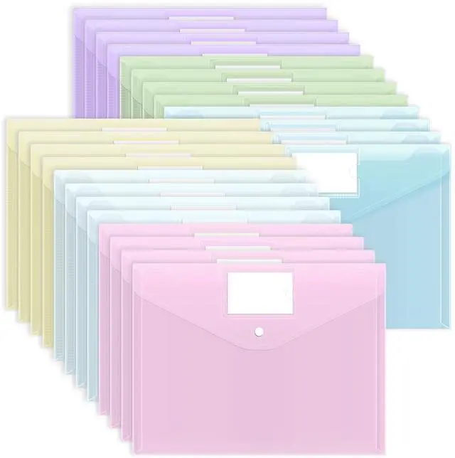 Main image of 24 Pack Plastic Envelopes Plastic File Folders, Poly Folders with Snap Closure, A4 Size File Envelopes with Label Pocket for Documents School Office Supplies