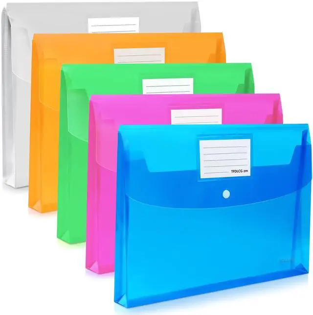 Main image of 5 Pack Plastic Envelopes with Snap Closure,Large-Capacity Colored Clear Folders for Documents File Folder,Poly Envelopes A4 Letter Size(13"×9.5") for School Home Office,Assorted Colors