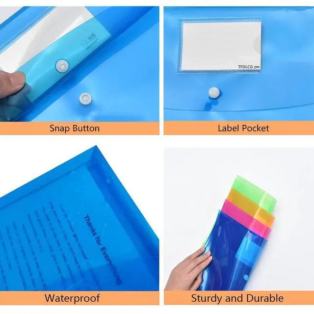 Alt view image 4 of 7 - 5 Pack Plastic Envelopes with Snap Closure,Large-Capacity Colored Clear Folders for Documents File Folder,Poly Envelopes A4 Letter Size(13"×9.5") for School Home Office,Assorted Colors