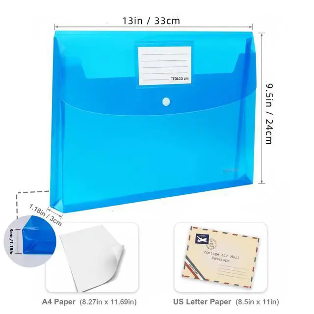 Alt view image 3 of 7 - 5 Pack Plastic Envelopes with Snap Closure,Large-Capacity Colored Clear Folders for Documents File Folder,Poly Envelopes A4 Letter Size(13"×9.5") for School Home Office,Assorted Colors