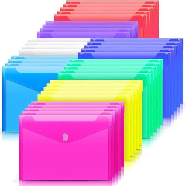 Main image of 32 Pack Plastic Envelopes File Folders, Plastic Folders with Safe Closure, Colored Folder for Documents Organizer Letter/A4 Size, Clear Filing Folder for Office School Supplies Storage, 8 Colors