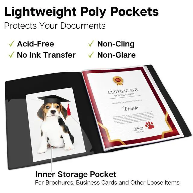 Alt view image 4 of 7 - 12-Pocket Presentation Binder with Plastic Sleeves (24 Viewable Pages), 8.5x11 Portfolio Folder, Top-Loading Sheet Protectors, Customizable Cover, Organizer for Photos, Recipes (Black)