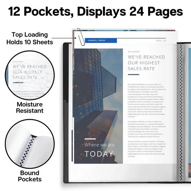 Alt view image 3 of 7 - 12-Pocket Presentation Binder with Plastic Sleeves (24 Viewable Pages), 8.5x11 Portfolio Folder, Top-Loading Sheet Protectors, Customizable Cover, Organizer for Photos, Recipes (Black)