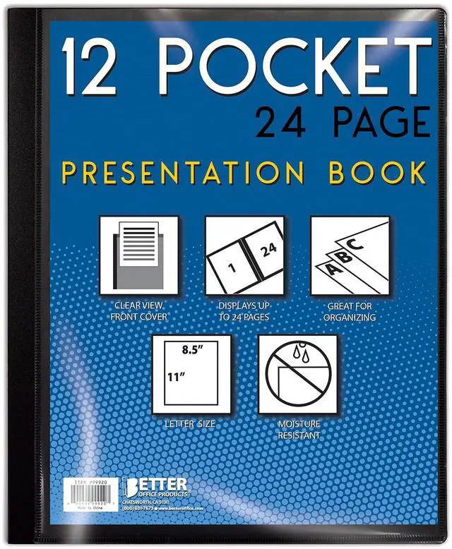 Main image of 12 Pocket Bound Presentation Book, Black with Clear View Front Cover, 24 Sheet Protector Pages, 8.5" x 11" Sheets, Art Portfolio, Durable Poly Covers, Letter Size, Black