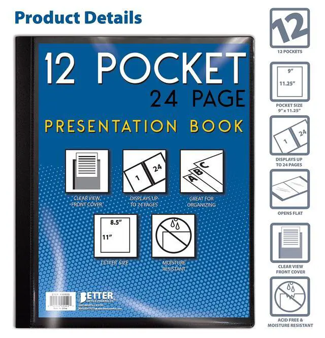 Alt view image 3 of 7 - 12 Pocket Bound Presentation Book, Black with Clear View Front Cover, 24 Sheet Protector Pages, 8.5" x 11" Sheets, Art Portfolio, Durable Poly Covers, Letter Size, Black