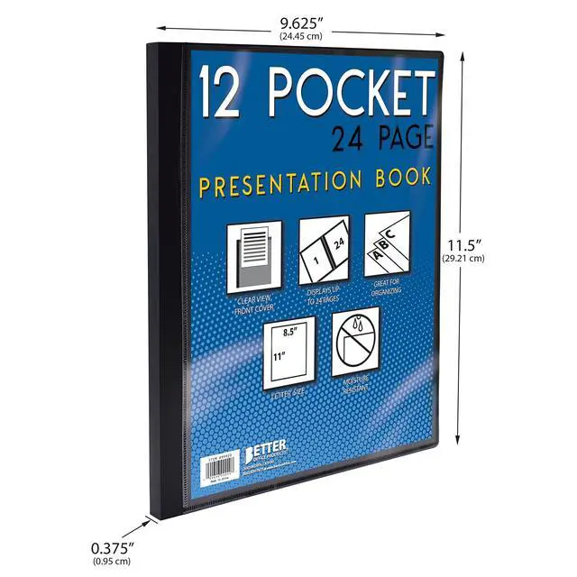 Alt view image 7 of 7 - 12 Pocket Bound Presentation Book, Black with Clear View Front Cover, 24 Sheet Protector Pages, 8.5" x 11" Sheets, Art Portfolio, Durable Poly Covers, Letter Size, Black