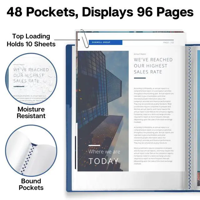 Alt view image 3 of 7 - Presentation Binder 48-Pocket, Displays 96 Pages, 8.5x11 Portfolio Binder with Plastic Sleeves, Storage and Organizer for Documents, Photos, Kids Artwork, Projects, Recipes (Blue)