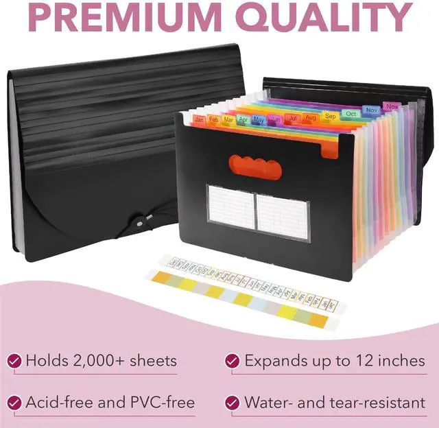 Alt view image 7 of 7 - Accordion File Organizer, Expanding File Folder with 12 Pockets | Portable Letter A4 Size Document Holder with Blank Labels for Bills, Receipts, Tax Papers, School, Office & Home Filing