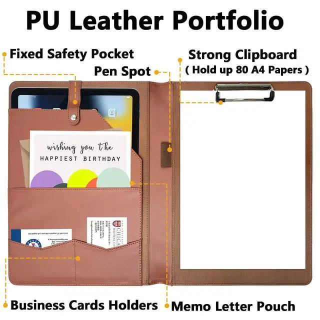 Alt view image 2 of 7 - Portfolio Folder Padfolio with A4 Clipboard, PU Leather Portfolio Clipboard Business Binder Writing Clip Board Organizer for Legal Documents Business Card Men Women Brwon