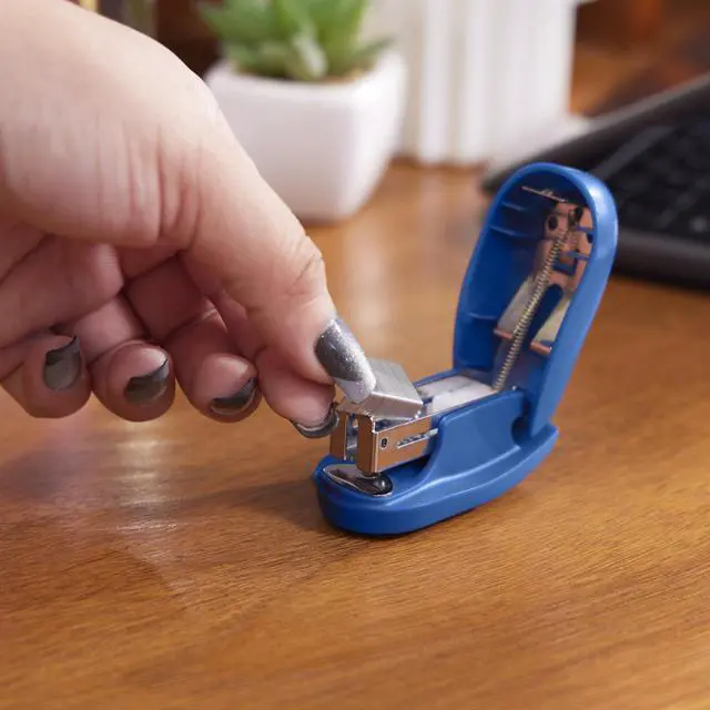 Alt view image 4 of 6 - Mini Stapler, 12 Sheet Capacity, includes Built-In Staple Remover & 1000 Standard Staples, Tot, Blue (79172)