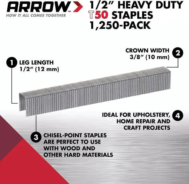 Alt view image 2 of 7 - 508 Heavy Duty T50 1/2-Inch Leg Length, 3/8-Inch Crown, Staples for Upholstery, Construction, Furniture, Crafts, 1250 Count(Pack of 1) | Heavy Duty, For Upholstery, Construction, Furniture, Crafts