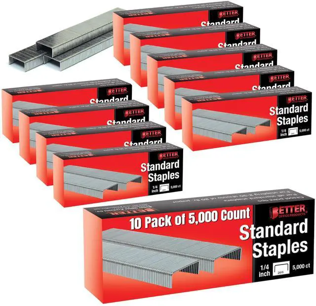 Main image of 50,000 Staples, 10 Pack of 5,000 Count, 26/6, 1/4-inch, Chisel Point Tips, Jam Free Staples, Fits All Standard Desktop Office Staplers