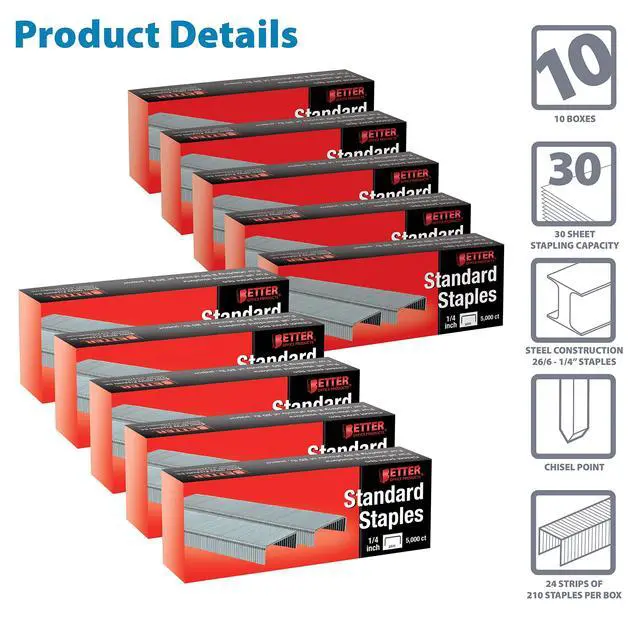 Alt view image 3 of 5 - 50,000 Staples, 10 Pack of 5,000 Count, 26/6, 1/4-inch, Chisel Point Tips, Jam Free Staples, Fits All Standard Desktop Office Staplers