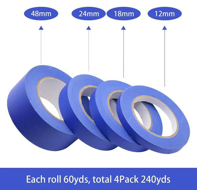 Alt view image 2 of 7 - 4 Pack Blue Painters Tape, 1/2" 3/4" 1 2 x 60yds, Multi Size Painting Masking Tape, Clean Release Paper Tape for Home and Office
