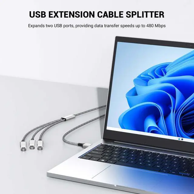 Alt view image 2 of 5 - 3.3FT USB A Male to 3 Female Extension Cable, Silver