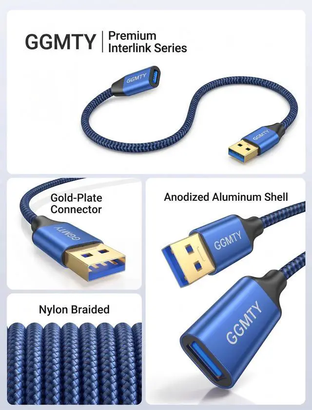 Alt view image 6 of 7 - [2-Pack USB 3.0 Extension Cable 3FT, Type A Male to Female Extender Cord, 5Gbps High Speed Data with 24/28 AWG Copper, Blue-Black Braided Sync Wire for PC, TV, Flash Drive, Keyboard, Mouse